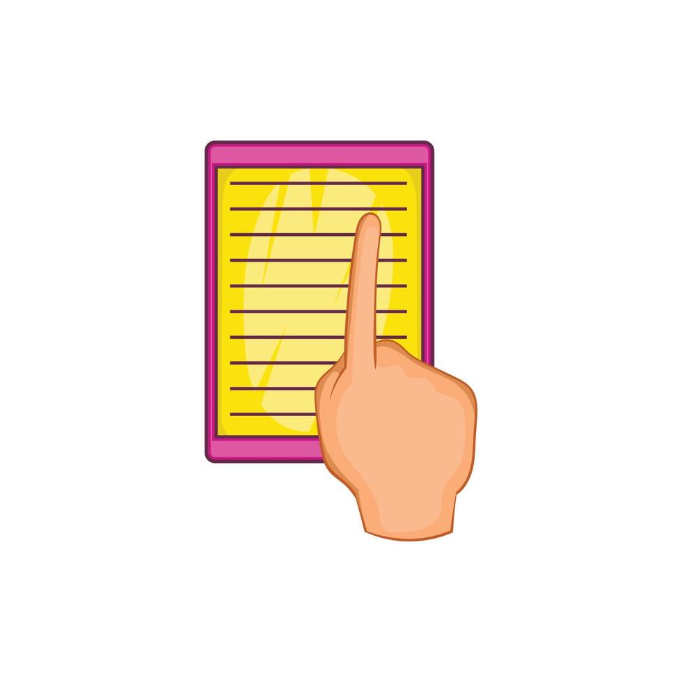 e-book y el icono de la mano, estilo de dibujos animados vector