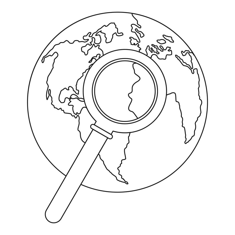 Magnifier on earth icon, outline style. vector