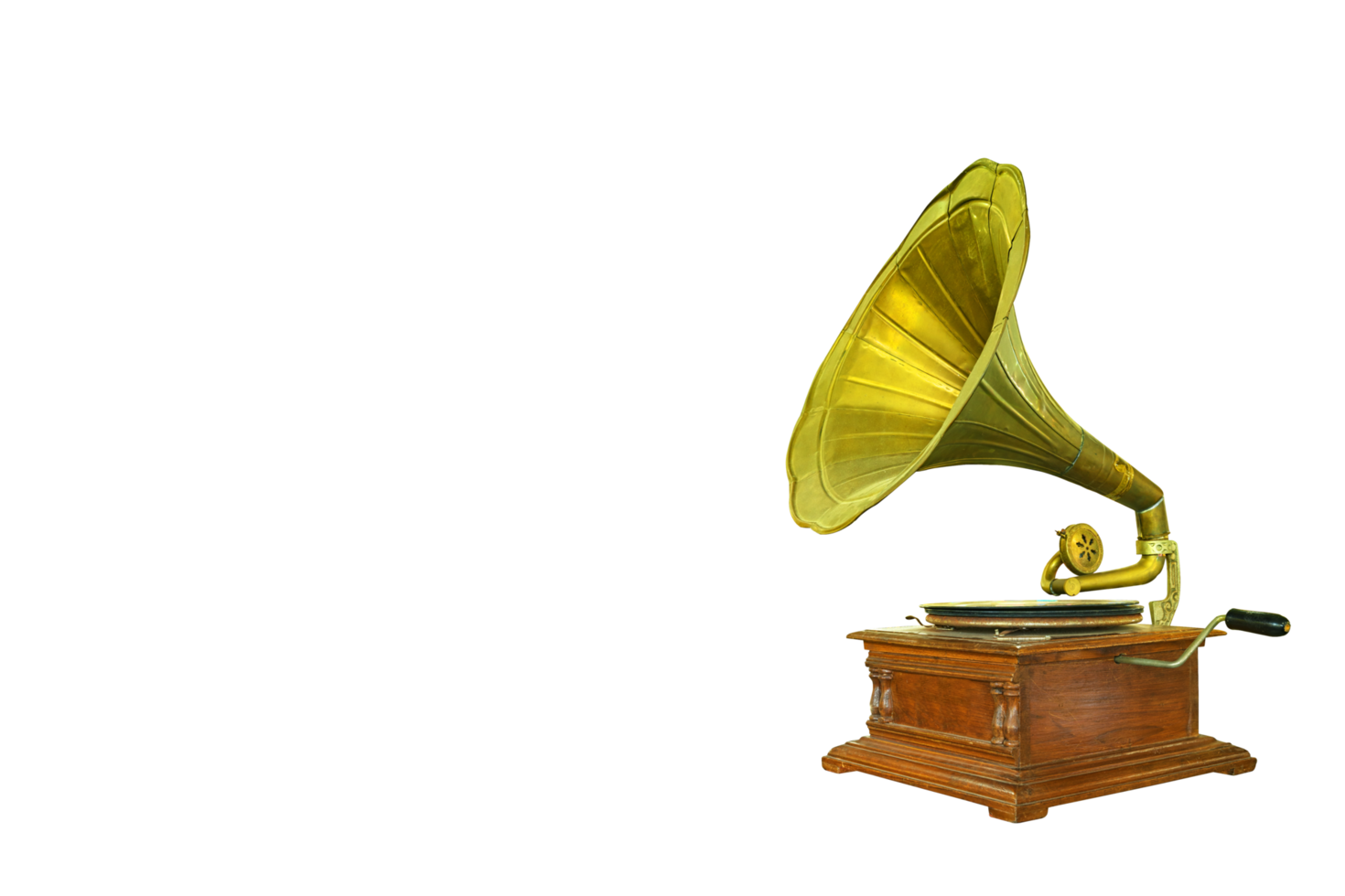 retro old gramophone with horn speaker for playing music over plates isolated png