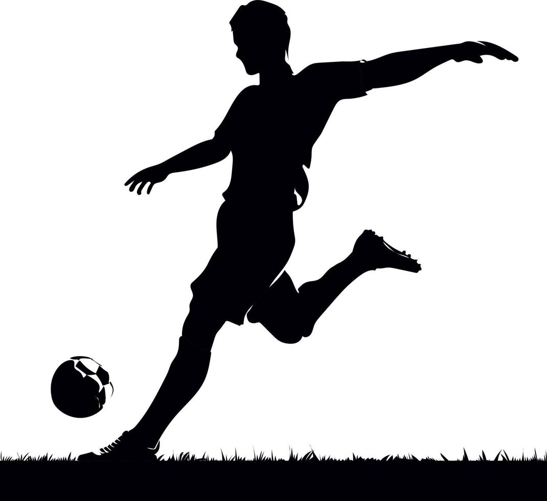 Abstract soccer player kicking the ball, on blue background, vector silhouette