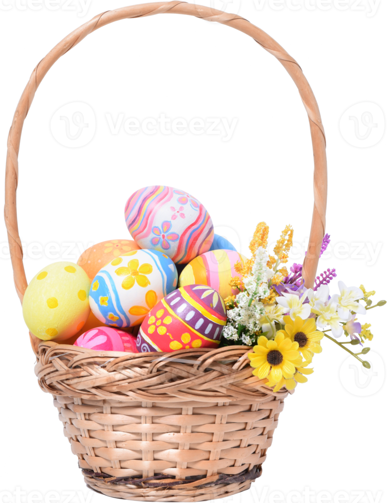 Happy Easter day colorful eggs in basket with flowers png