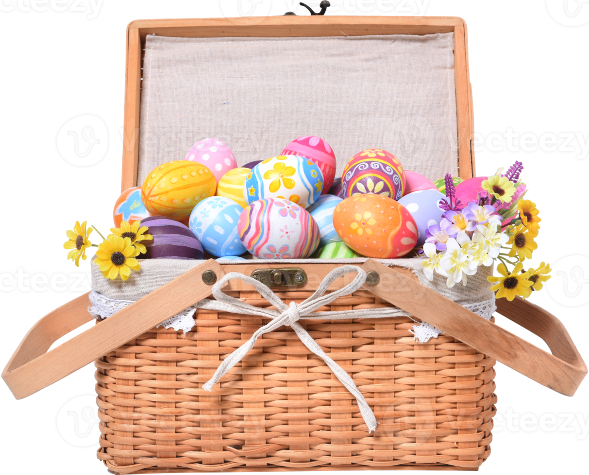 Happy Easter day colorful eggs in basket with flowers png