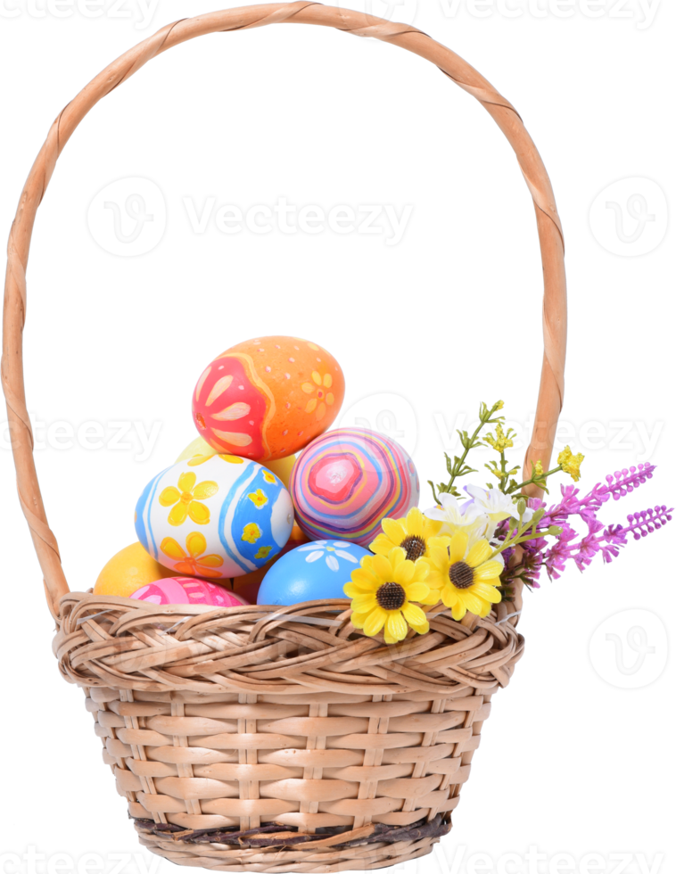 Happy Easter day colorful eggs in basket with flowers png