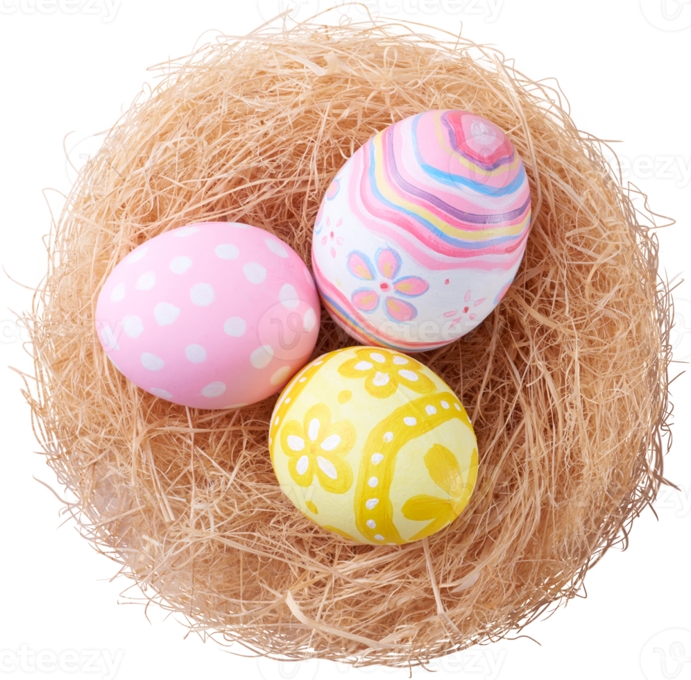 Happy Easter day eggs in nest top view png