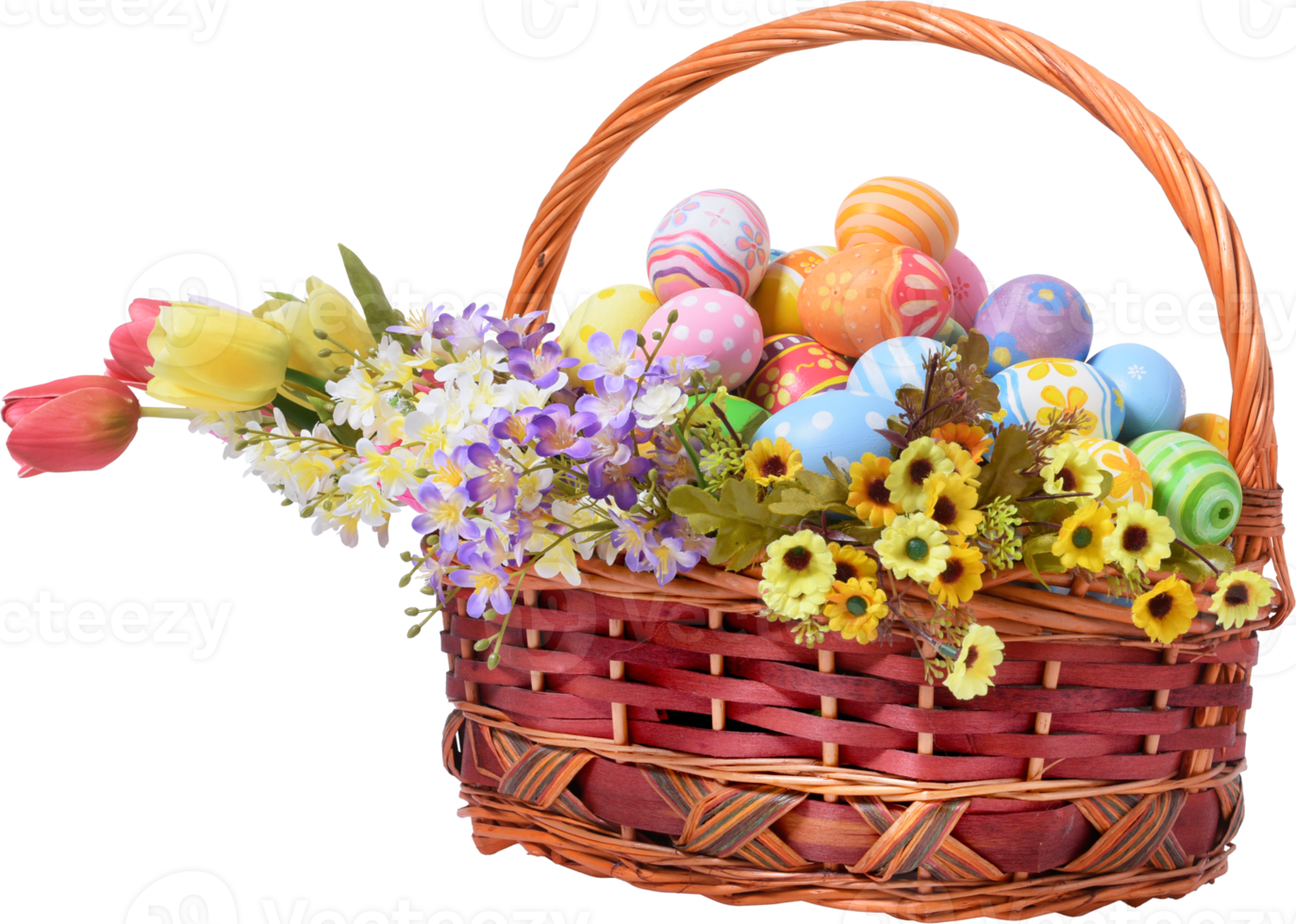 Happy Easter day colorful eggs in basket with flowers png