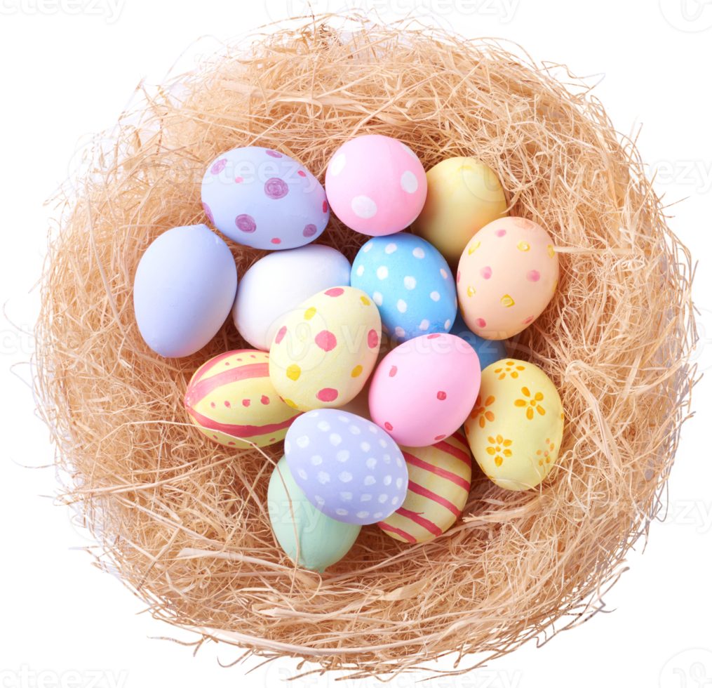 Happy Easter day eggs in nest top view png