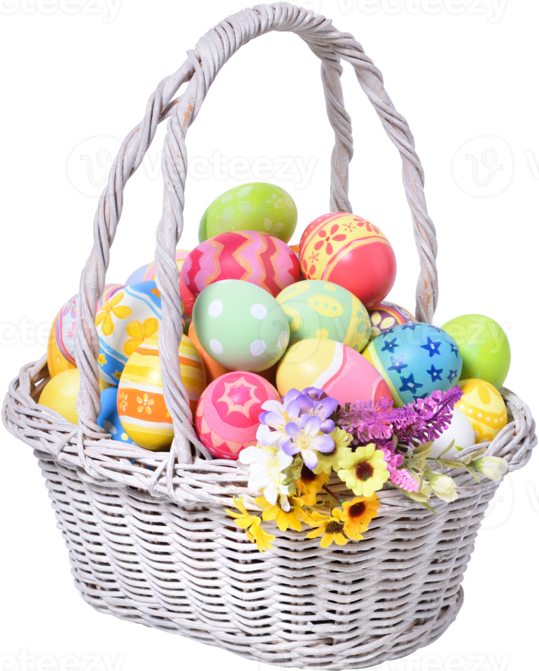 Happy Easter day colorful eggs in basket with flowers png