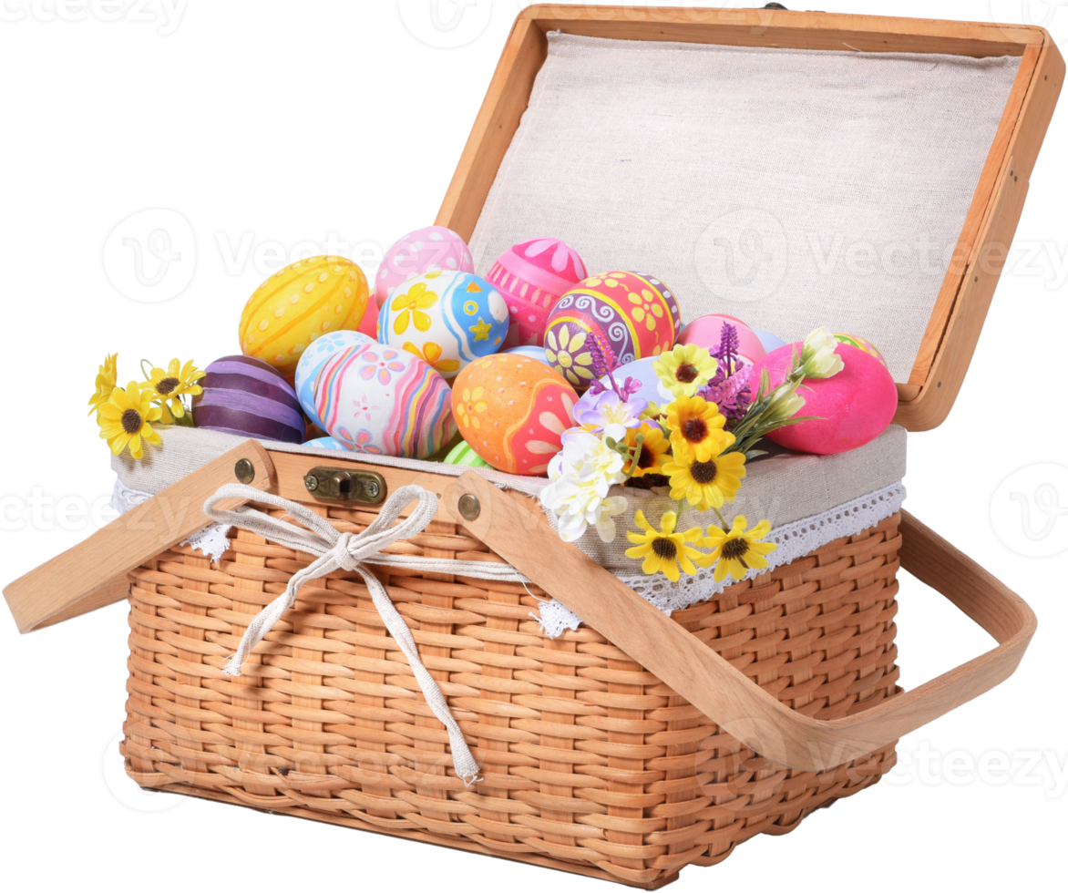 Happy Easter day colorful eggs in basket with flowers png