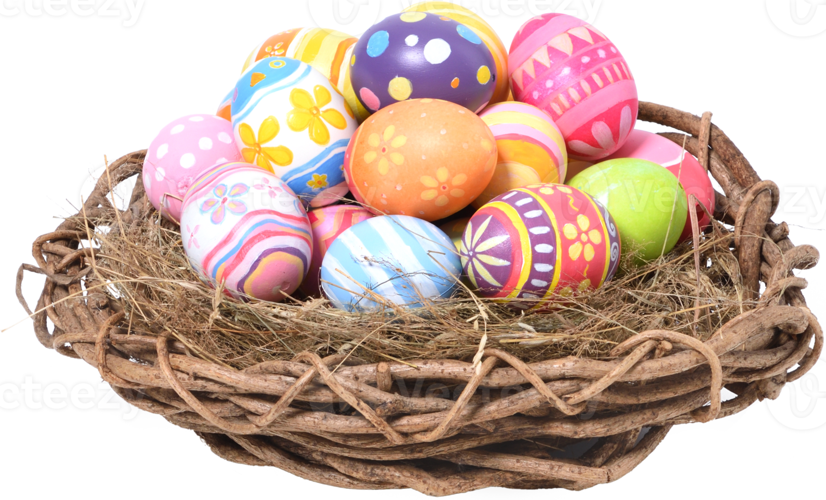 Happy Easter day colorful eggs in basket top view 14466539 PNG