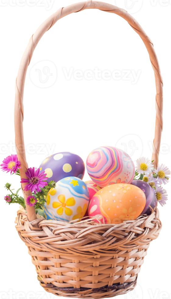 Happy Easter day colorful eggs in basket with flowers png