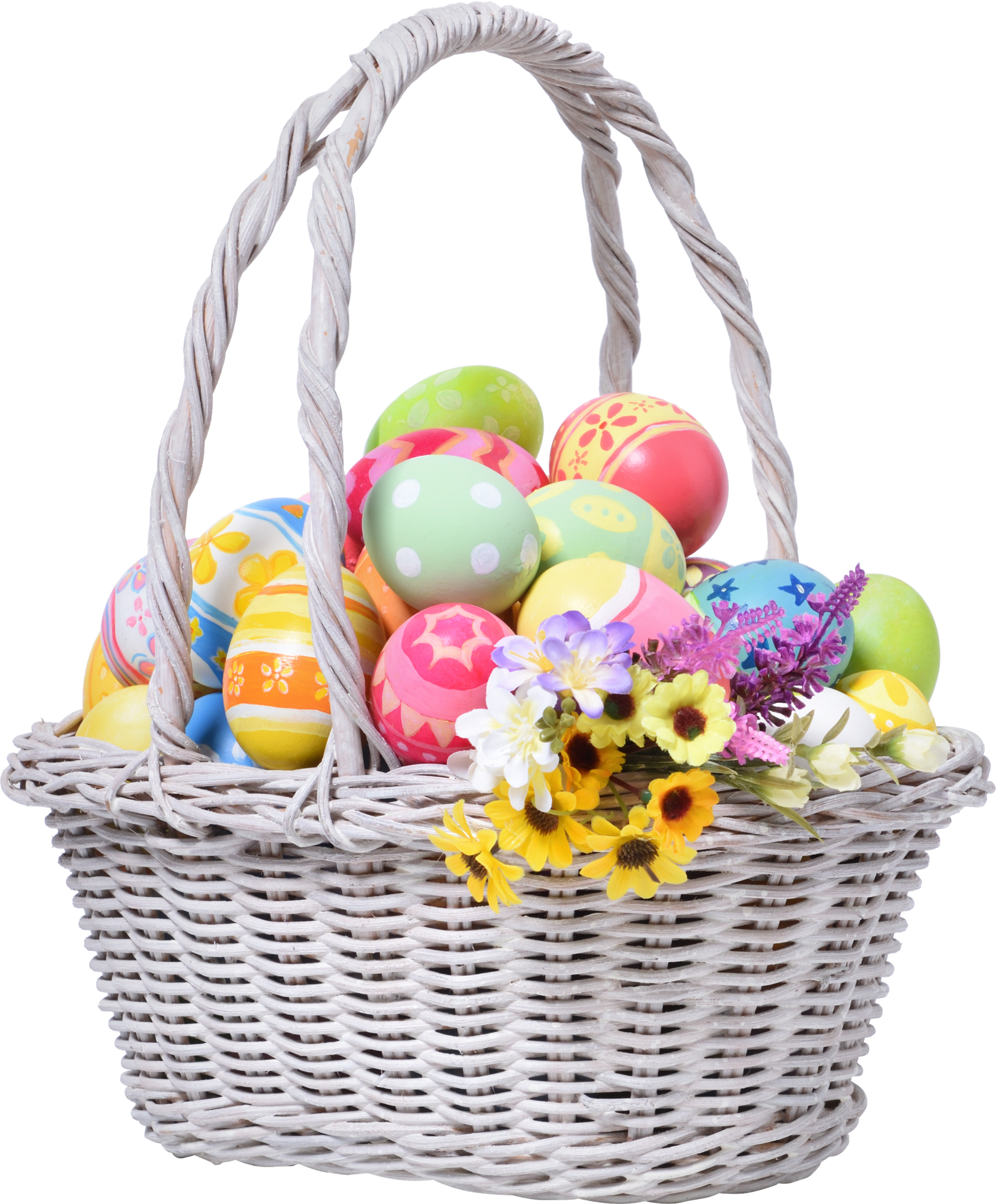 Happy Easter day colorful eggs in basket with flowers 14466559 PNG