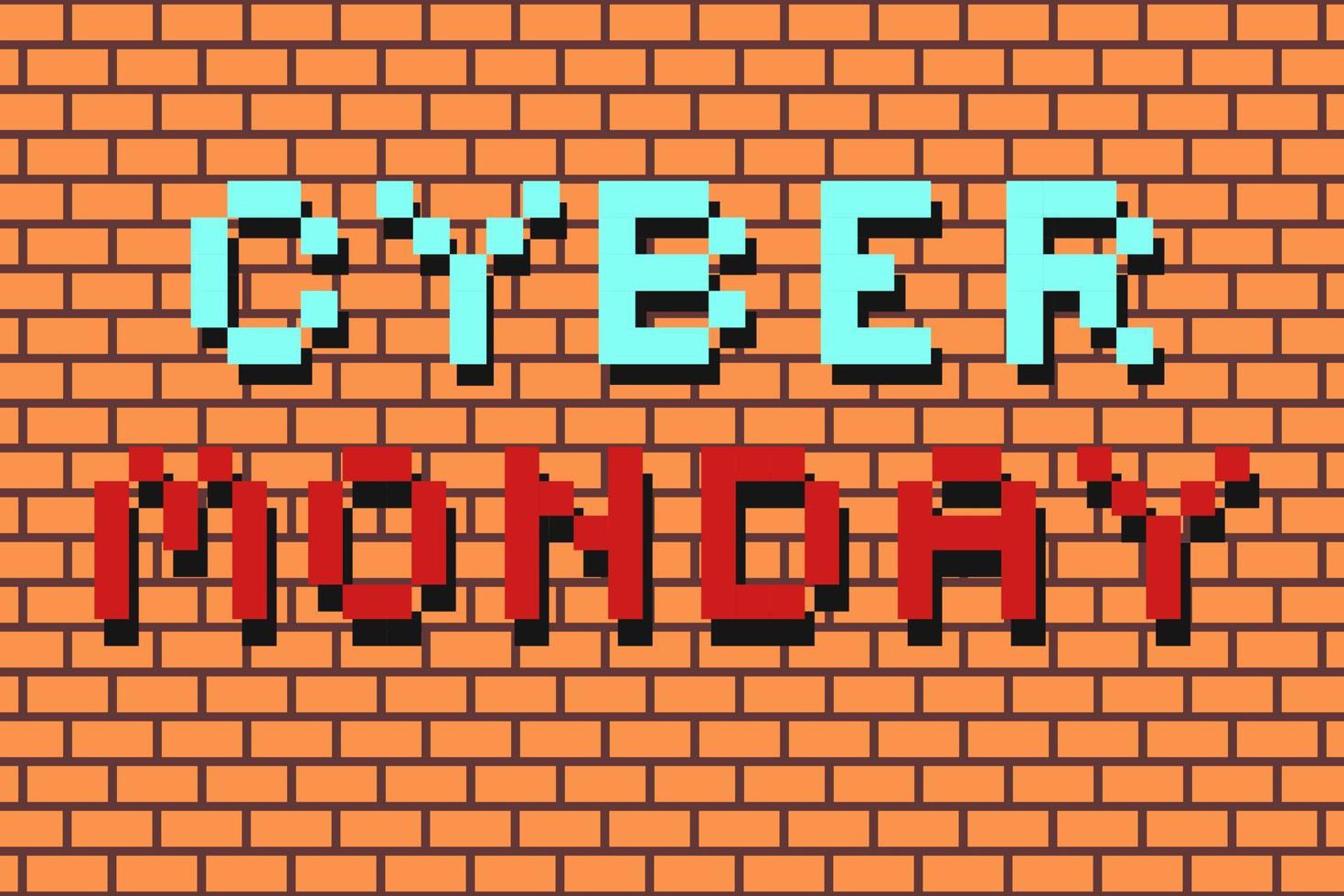 Cyber Monday lettering in the style of pixel art on a background light orange brick wall. Vector illustration can be used for ad, banner, flyer.