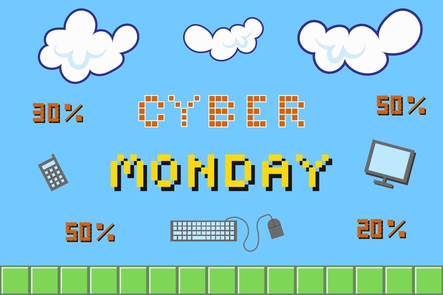 The inscription cybermonday in the style of pixel art on the background in the style of an old computer game. Blue sky, clouds, green ground, 20,30, 50 percents old phone, keyboard, mouse, computer vector
