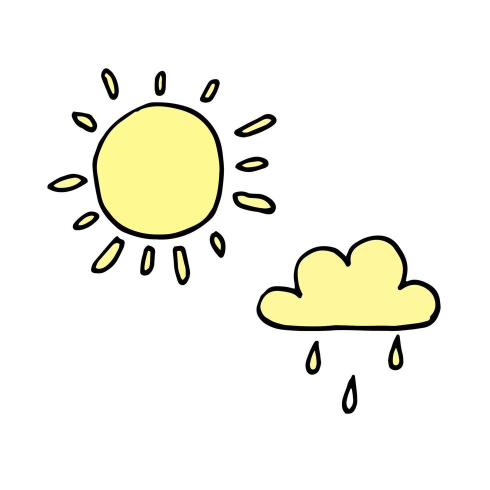 sun and cloud with raindrops in doodle sketch style - vector hand drawn illustration