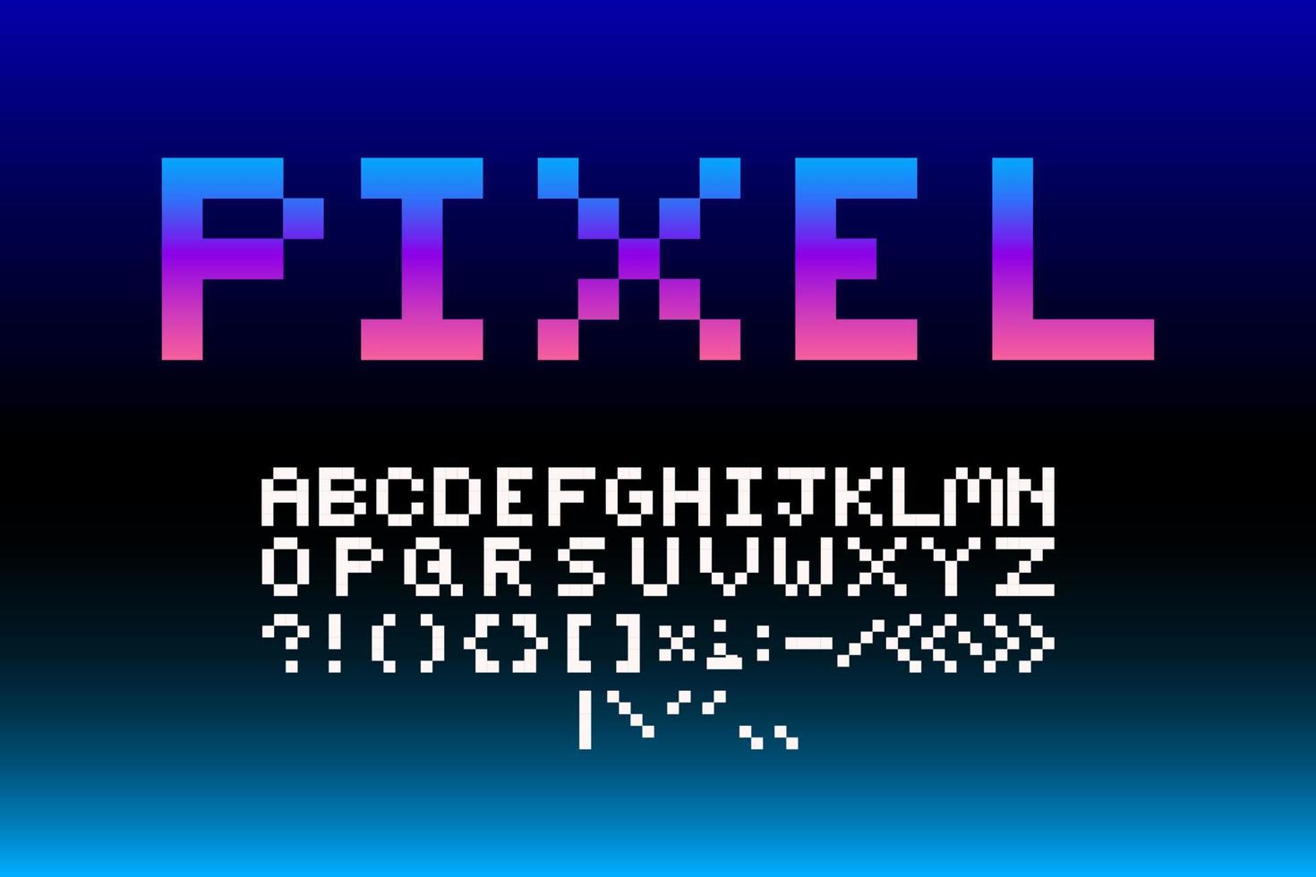 Flat white set alphabet and punctuation marks in pixel art style on a dark blue BG. Period, comma, exclamation, question,  colon, semicolon, quotation, dash, hyphen, parentheses, brackets, slash vector