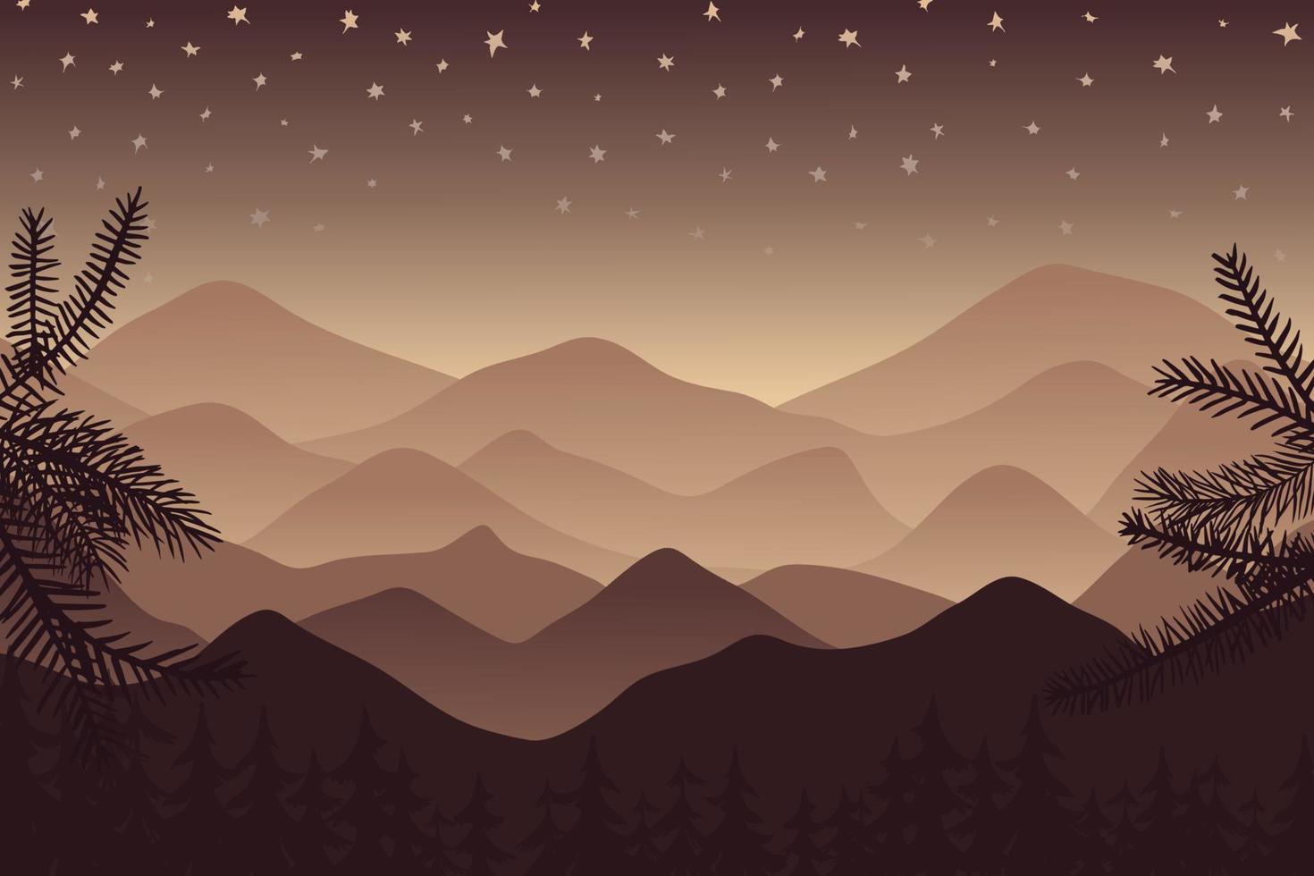 Vector brown flat landscape. Hills and mountains with a starry sky, in the foreground a coniferous forest and coniferous branches frame the illustration. Pastel gentle coffee gradients.