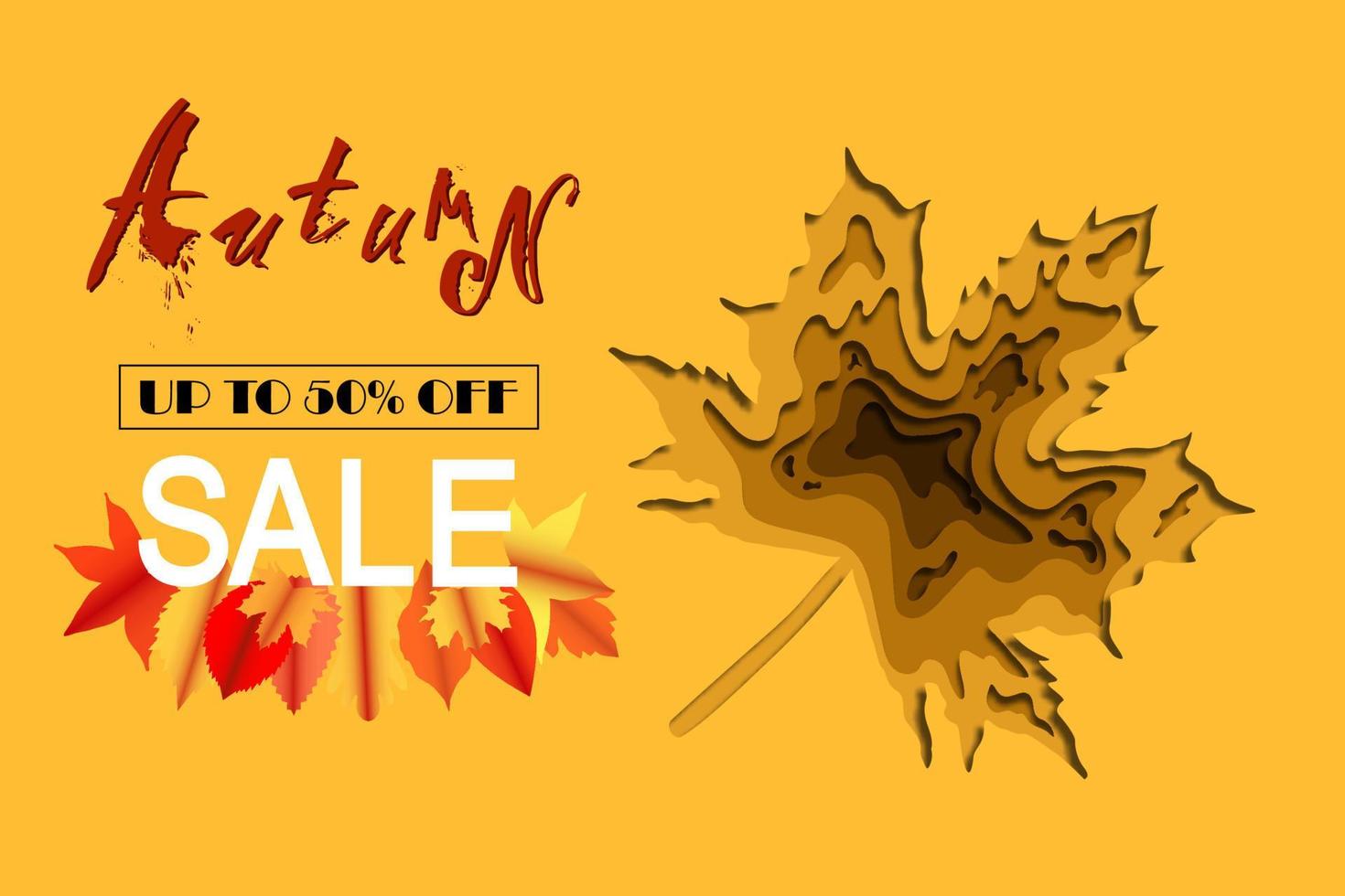 Autumn sale and orange gradient maple leaf background layered effect in paper cut style. vector