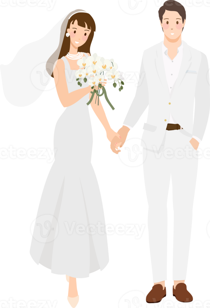 Linda pareja de novios en traje casual blanco estilo plano png