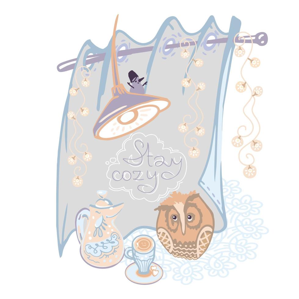 A picture of a cozy corner of a hygge-style home with a cup of hot drink and an owl. vector