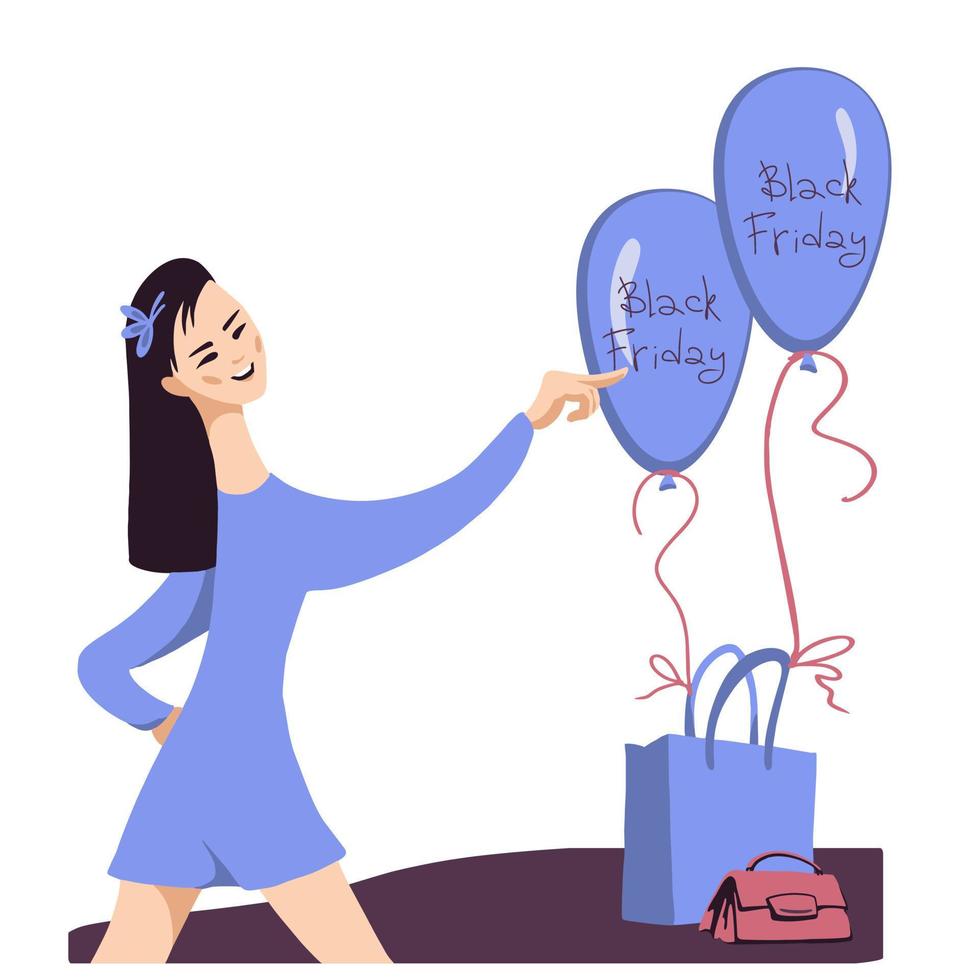 señorita y bolsa de compras con globos etiquetados viernes negro. vector