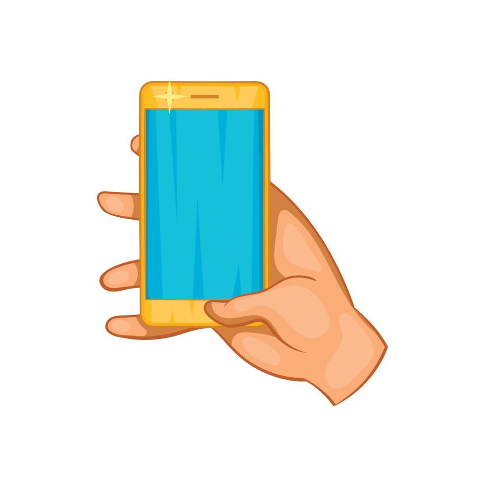 Hand works on a mobile phone icon, cartoon style vector