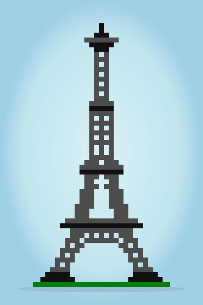 Imagen de la torre Eiffel de píxeles de 8 bits. edificio en ilustración de arte vectorial de píxeles. torre en francia para los activos del juego. vector