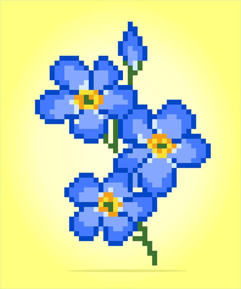 8 bit pixel flower of flax. Blue flowers for cross stitch patterns, in vector illustrations.