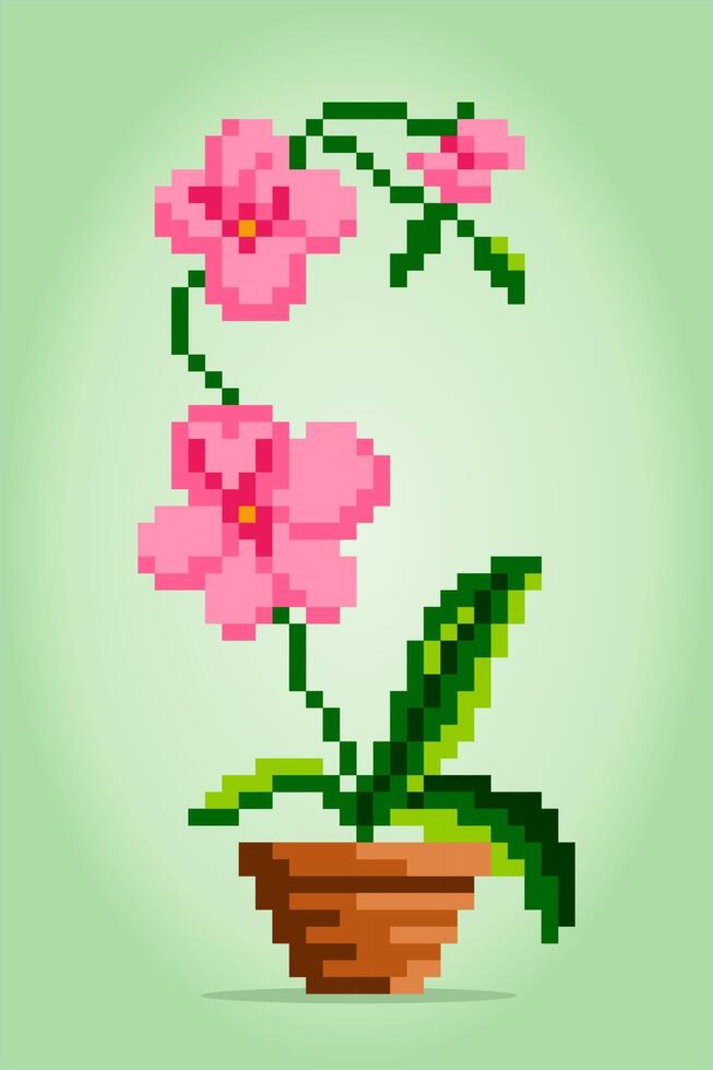 8-bit pixel orchid flower. Pink Flowers for Cross Stitch patterns, in vector illustrations.