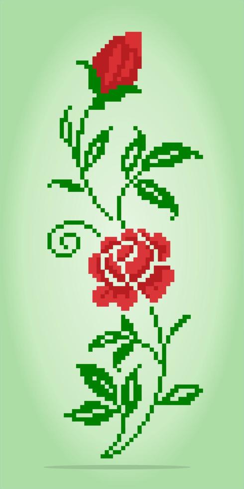 8 bit pixels of roses. Red flowers for Cross Stitch patterns, in vector illustrations.