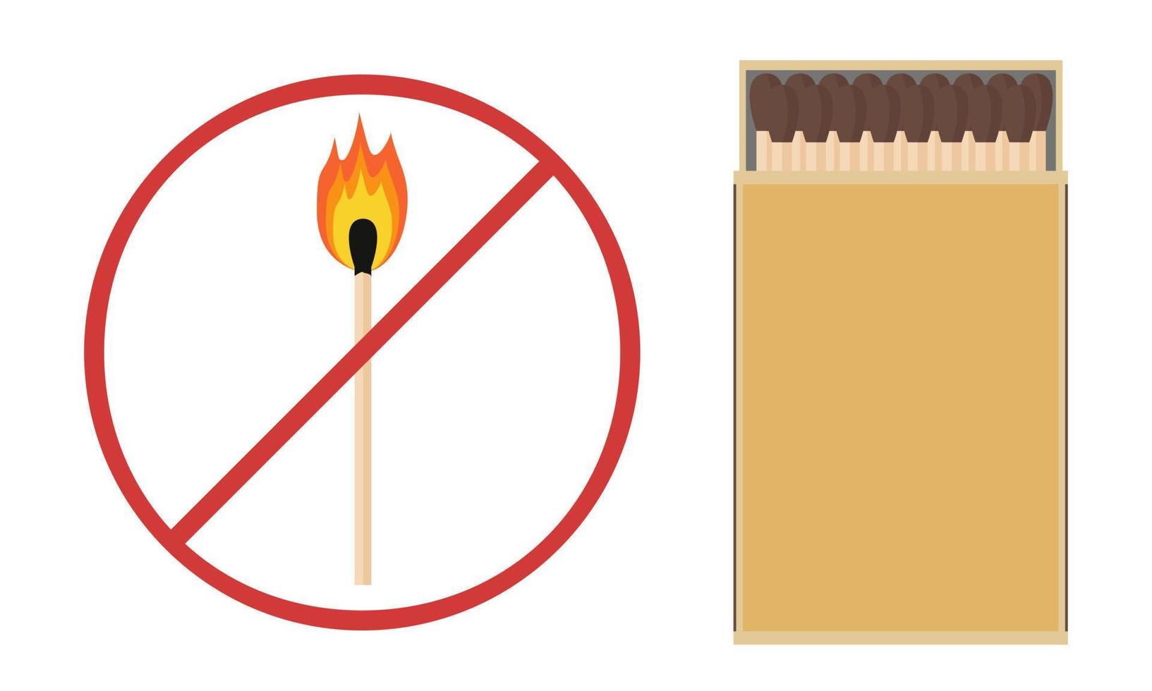 Prohibition on the use of open fire. A match with a flame behind the forbidding sign. Fire prevention. Flat style. Vector illustration