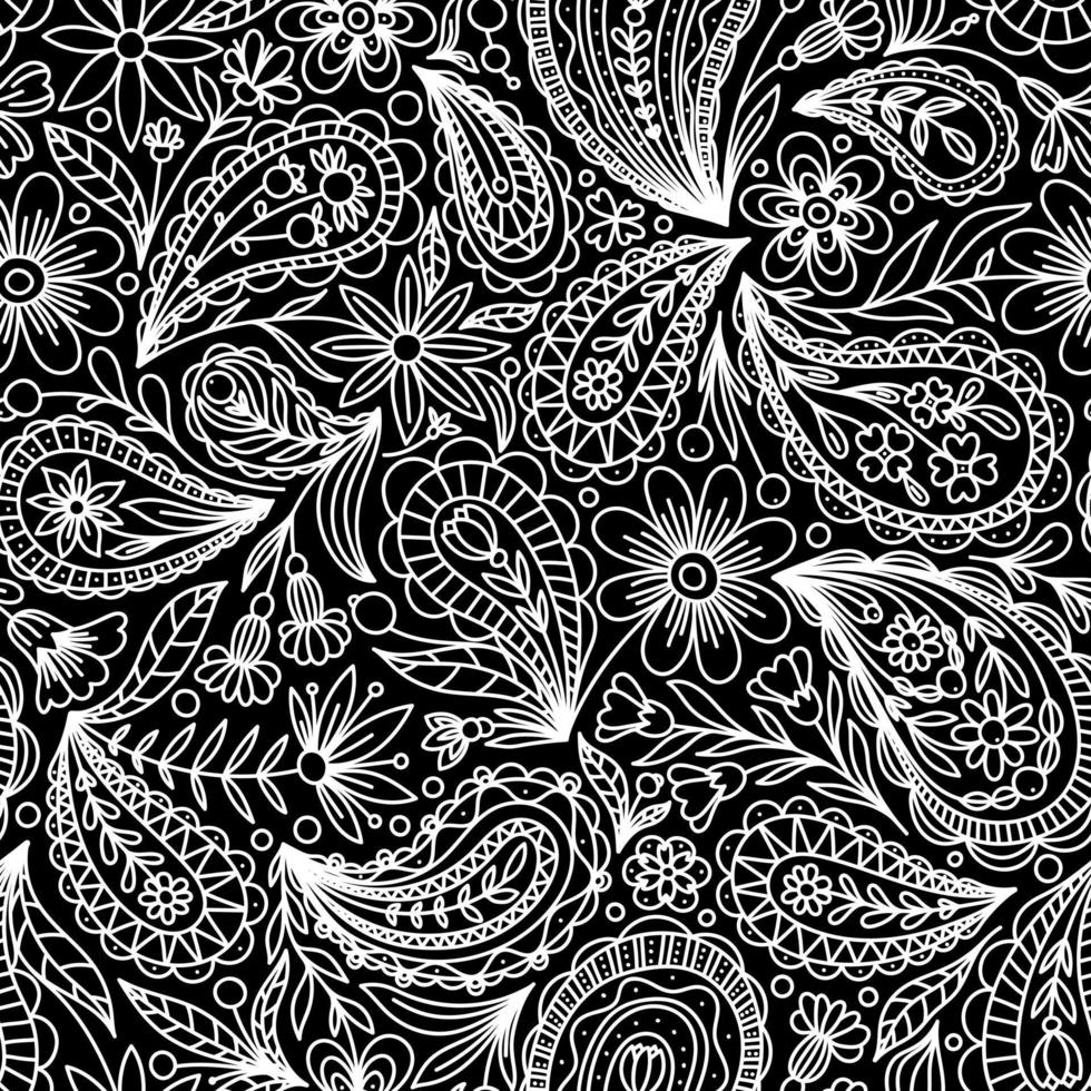 BLACK VECTOR SEAMLESS BACKGROUND WITH WHITE PAISLEY CONTOUR PATTERN