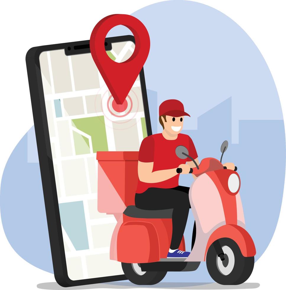 Scooter with delivery man flat vector cartoon character. Fast courier.