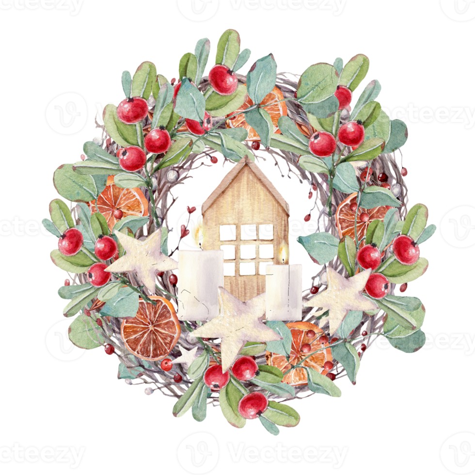 Christmas wreath with botanical plants, stars, candles, berry. png