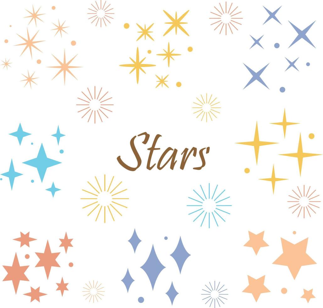 vector de símbolos de brillo de estrellas de color. el conjunto de estrellas vectoriales originales brilla. símbolos vectoriales de navidad aislados