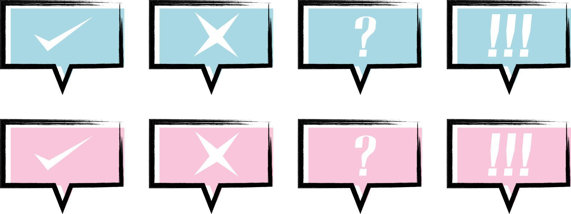 Outline stroke with a speech bubble with Correct, incorrect, question marks, and exclamation marks on light blue and pink bubbles vector