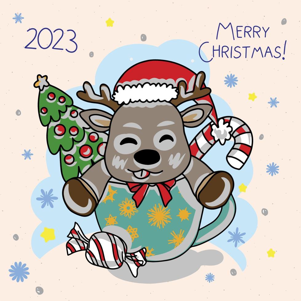 Cute deer in a cup with sweets and a Christmas tree, preparation for Christmas vector