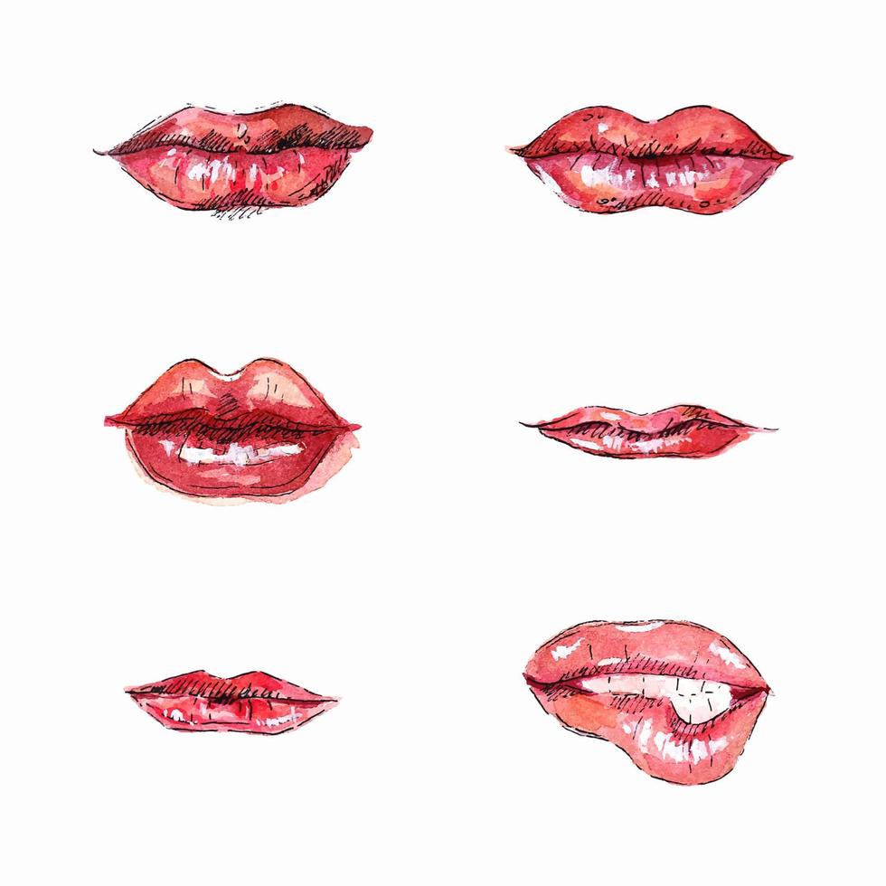 Set of hand drawn watercolor lips sketches. Hand drawn watercolor lips. vector