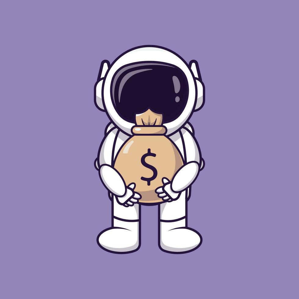 Simple cartoon illustration of Astronaut carrying a bag of money. Business concept vector