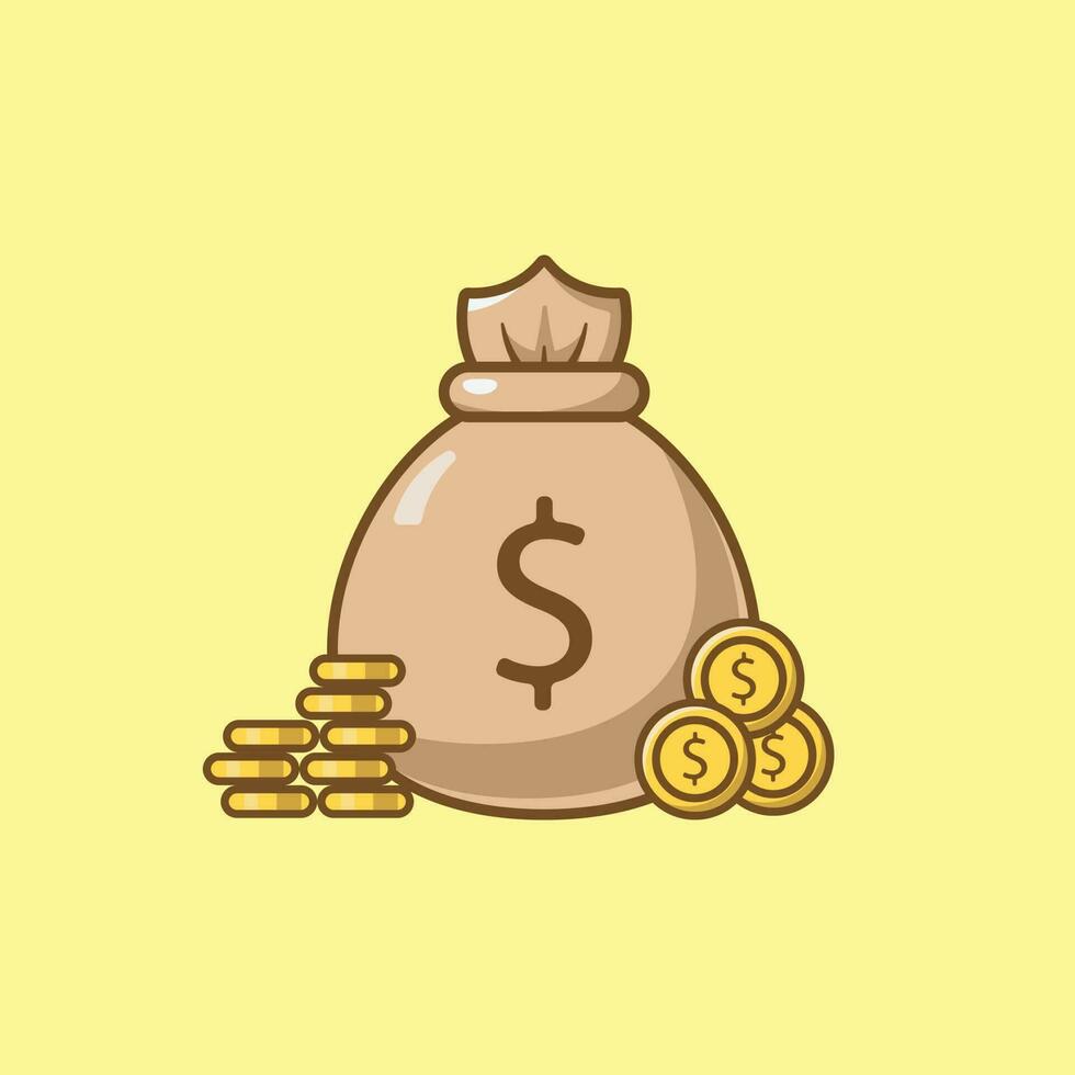 Simple cartoon illustration of a bag filled with gold coins. Business concept vector