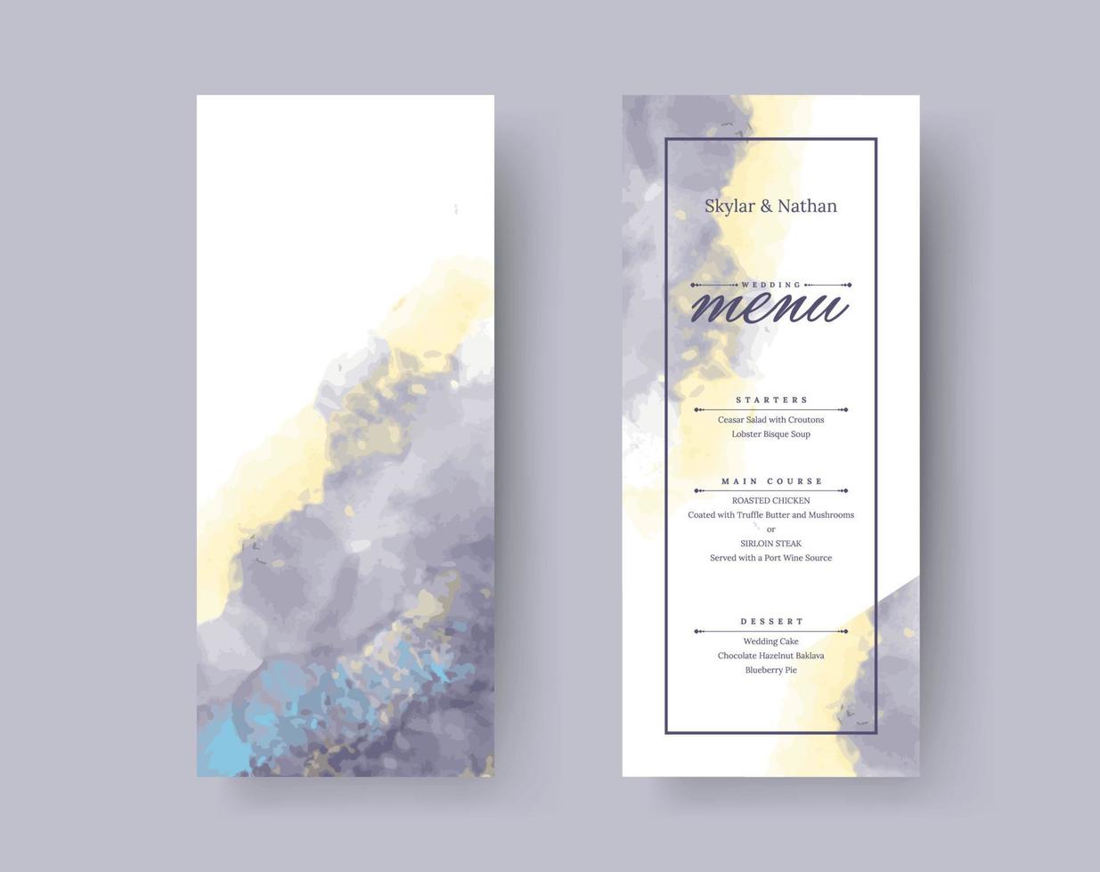 Minimal Navy Blue Yellow Watercolor Wedding Menu Card Template vector