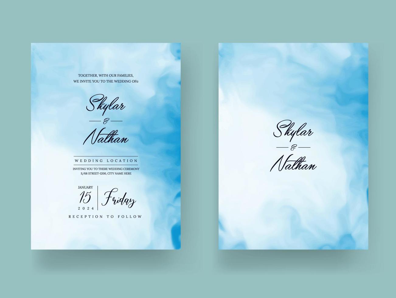 Modern Blue Watercolor Wedding Invitation Card Template vector