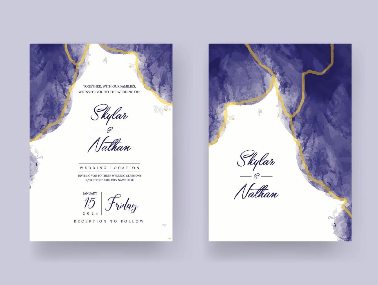 elegante tarjeta de invitación de boda acuarela línea dorada azul marino vector