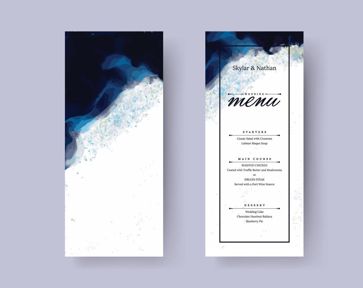 Elegant Navy Blue Watercolor Wedding Menu Card Template vector