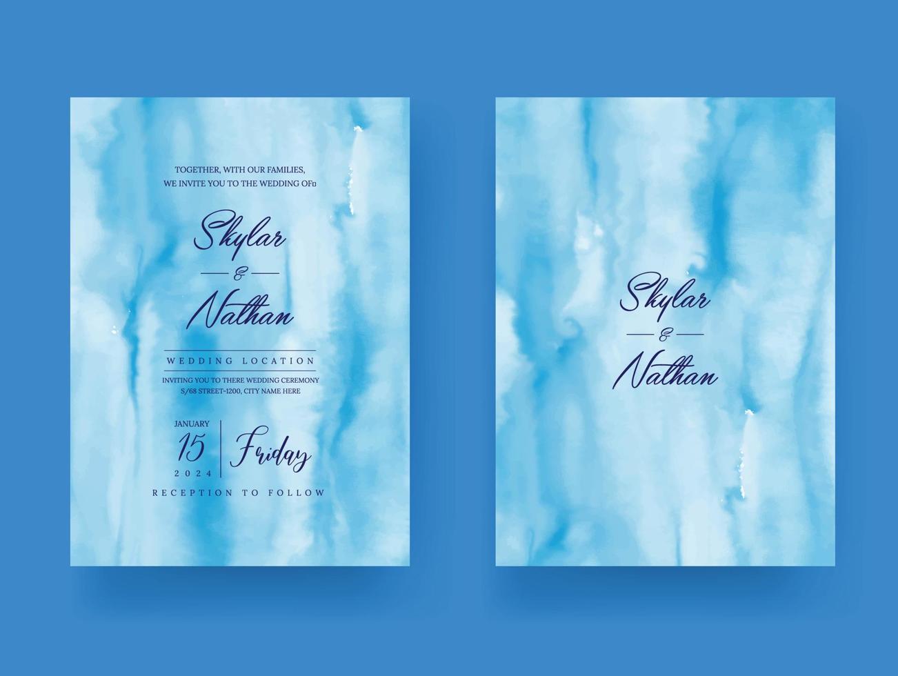 Modern Blue Watercolor Wedding Invitation Card Template vector