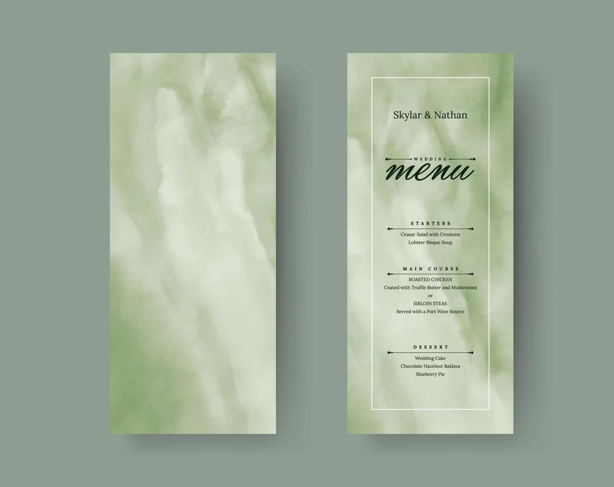 plantilla de tarjeta de menú de boda de acuarela verde salvia vector
