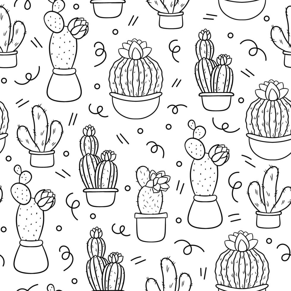 Seamless pattern with cute hand-drawn cacti white background. vector