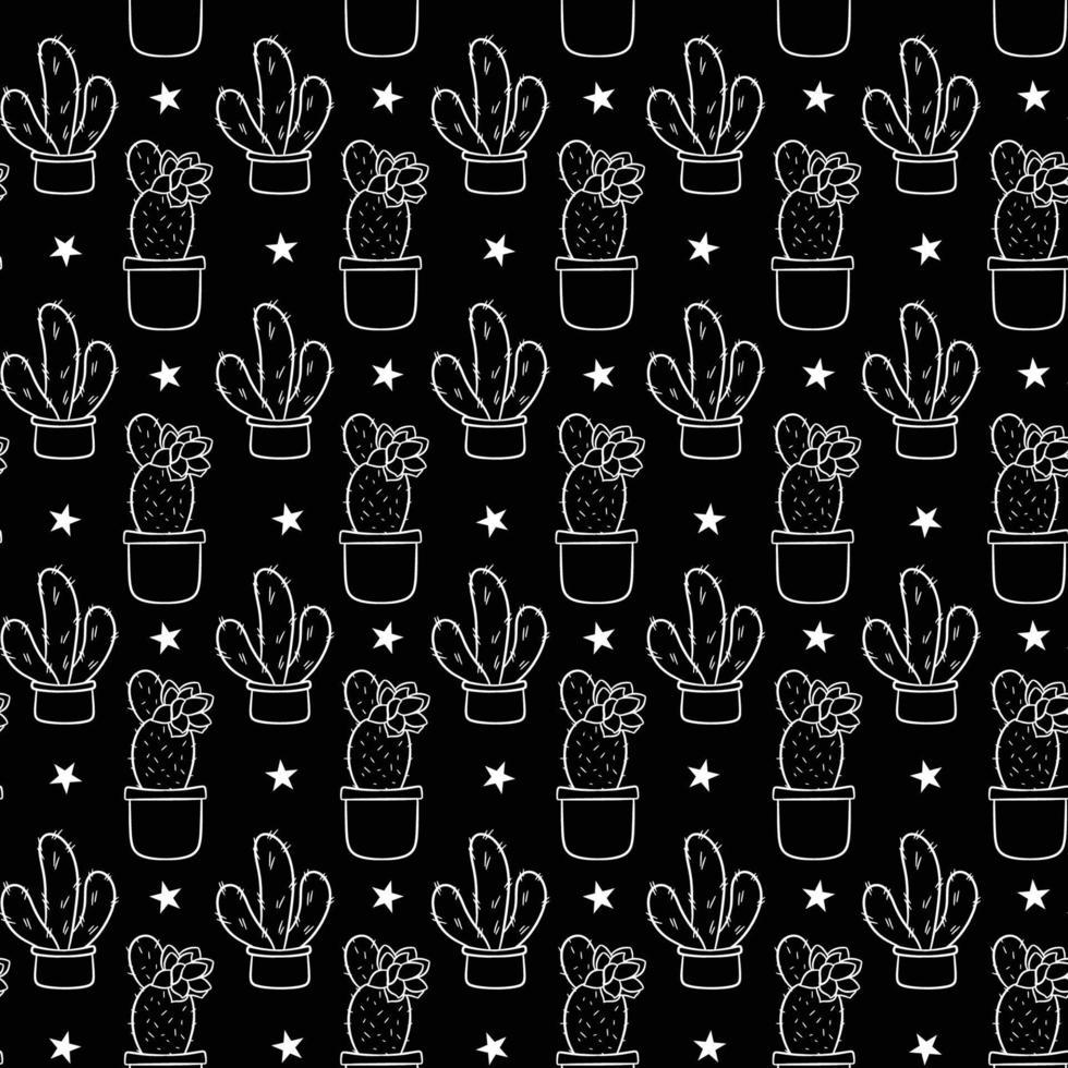 Seamless pattern with cute hand-drawn cacti black background. vector