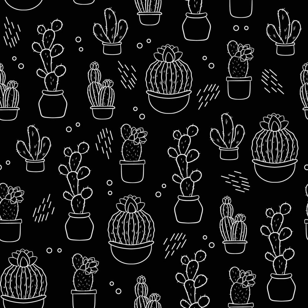 Seamless pattern with cute hand-drawn cacti black background. vector