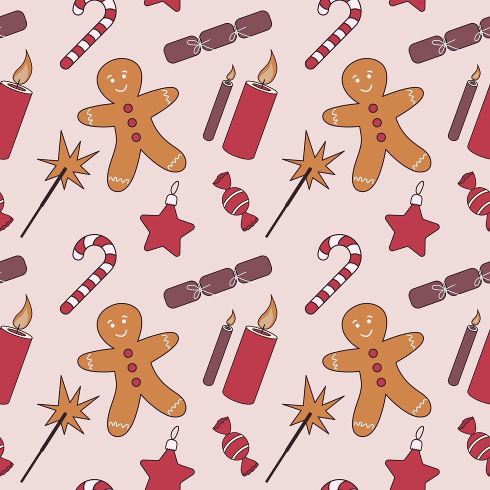 Christmas hand drawn flat seamless pattern with gingerbread cookie and firecracker vector