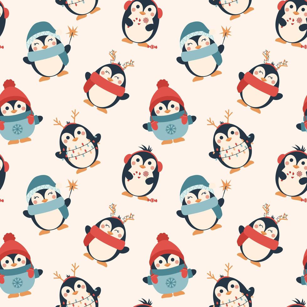 patrón de navidad sin costuras con lindos pingüinos festivos vector